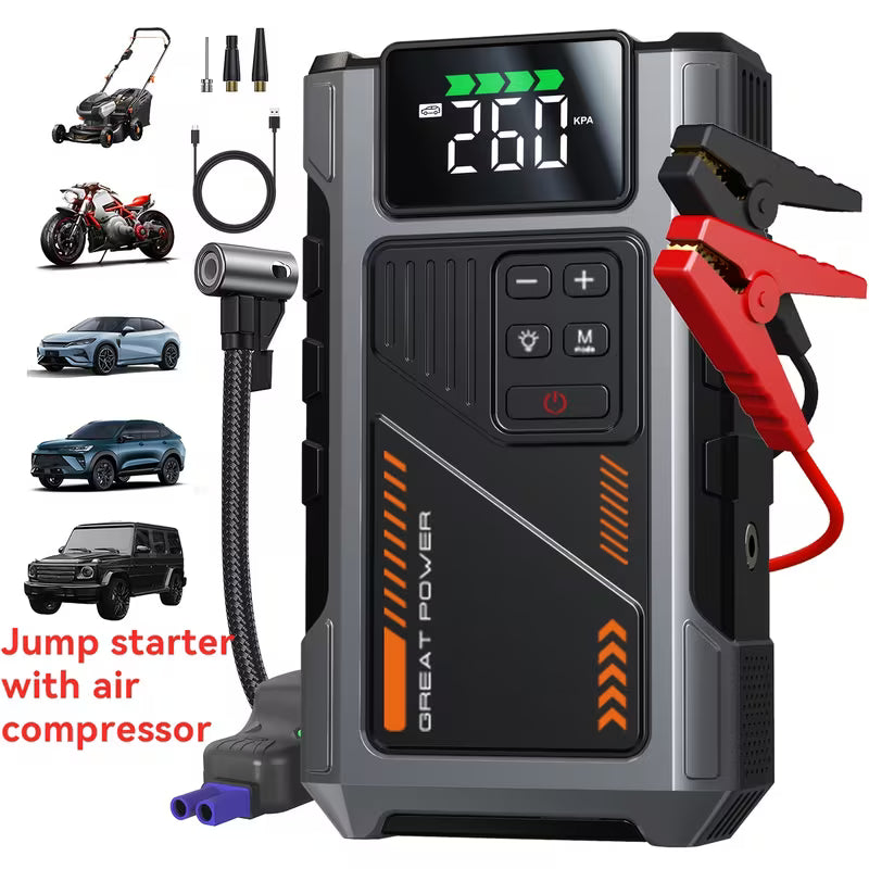 Portable Car Jump Starter & Jump Starter with Air Compressor (Optional), Jump Starter Battery Pack, Current Car Battery Booster, 12V Vehicles (1.98gal Gasoline/ 1.59gal Diesel Engine), Compatible with Sedans, SUVs, Pickup Trucks & Lawn Mowers